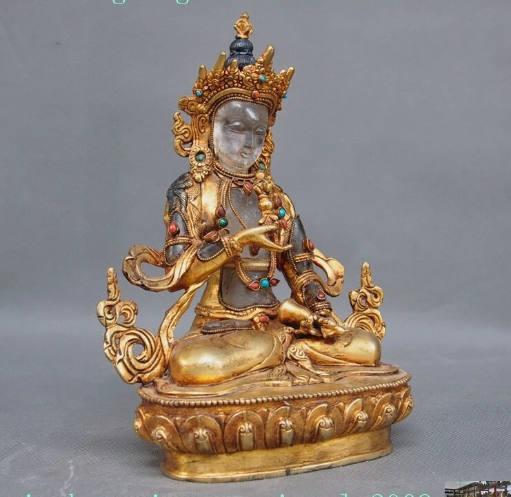 Тибет Бронзовый кристалл инкрустированный Бирюзовый gem 24 К золото Vajrasattva статуя Будды