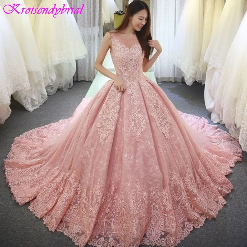 

QFS044 robe de mariage Ball Gown Long Train Wedding Dresses Factory Price Romantic Pink Bridal Dresses Vestidos De Noiva 2019