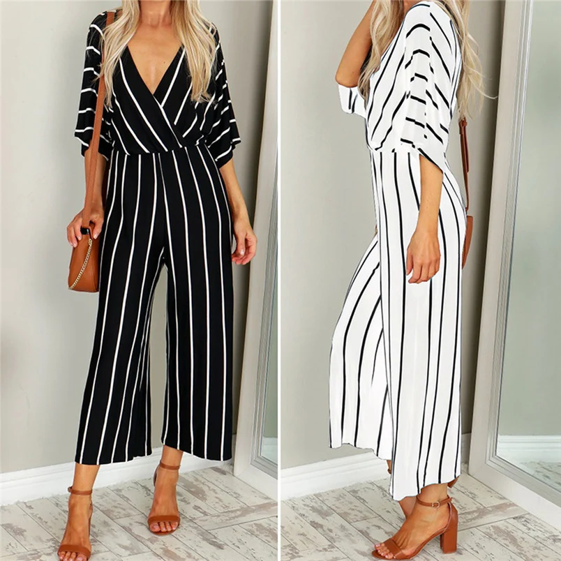 Fashion Women Autumn Jumpsuit Holiday Sexy V-Neck Three Quarter Sleeve Striped Loose Wide Leg Jumpsuit Playsuit Combinai F#S04 (6)