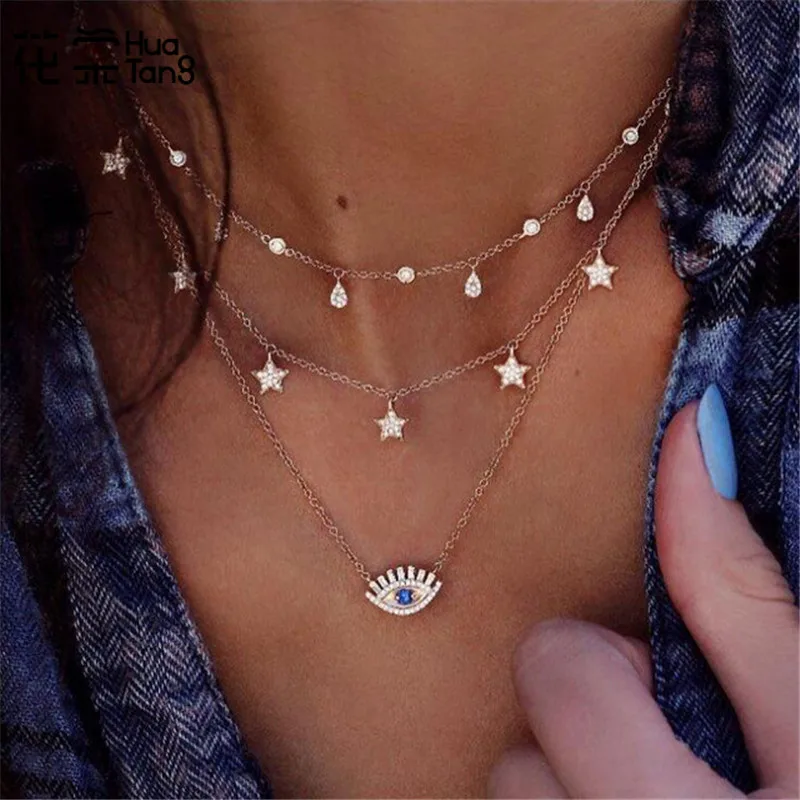 

HuaTang Bohemia Style Gold Chain Necklace Crystal Star Pendant Necklaces for Women Girl Layered Necklace Jewelry Statement 6384