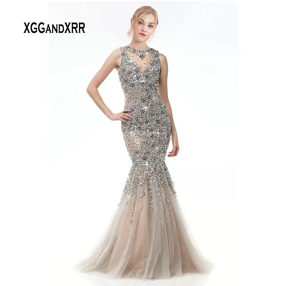 Luxury Sparkling Gray Mermaid Prom Dress Long Evening Dresses Heavy Beading Crystal Scoop Sleeveless Real Picture Plus Size