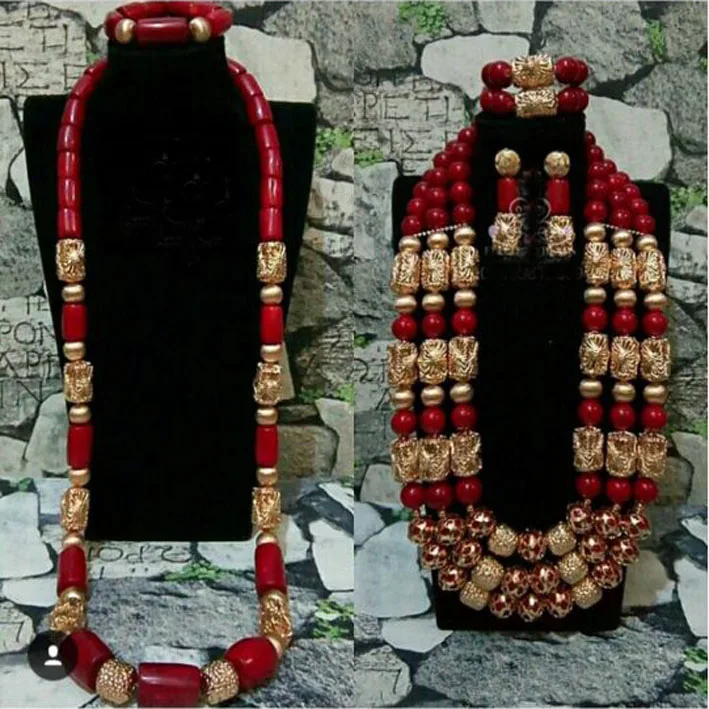 Exclusive African Traditional Wedding Coral Beads Jewelry Sets Bride And Groom Couple Jewelry Sets Cnr131