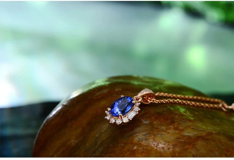 CaiMao 14K Rose Gold 1.03 ct Natural IF Blue Tanzanite AAA 0.33 ct Full Cut Diamond Engagement Gemstone Pendant Jewelry