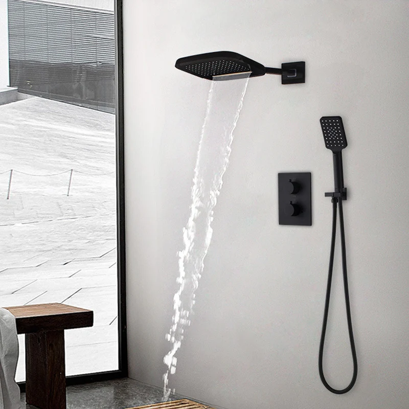 

3-functions Waterfall and Rainfall Water Spout Copper In-wall Concealed Thermostatic Shower Faucets Set Black Rain Showers