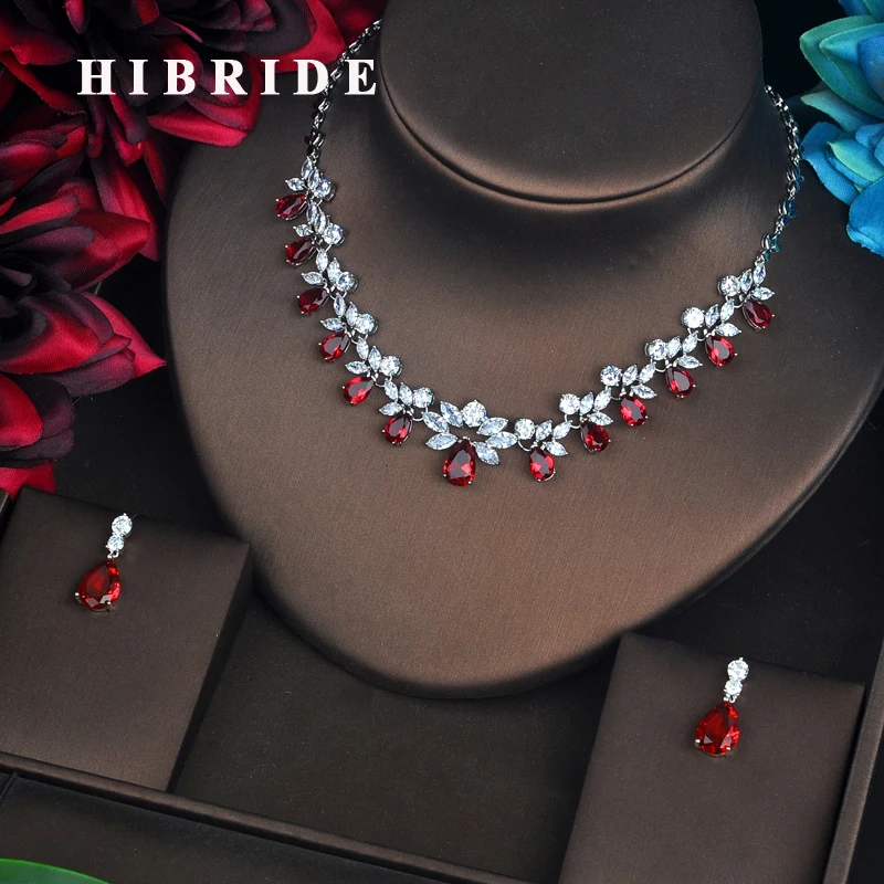 

HIBRIDE Brilliant Red Cubic Zirconia Bridal Jewelry Sets For Women Pendant Set Dress Accessories Necklace Set Party Gifts N-582