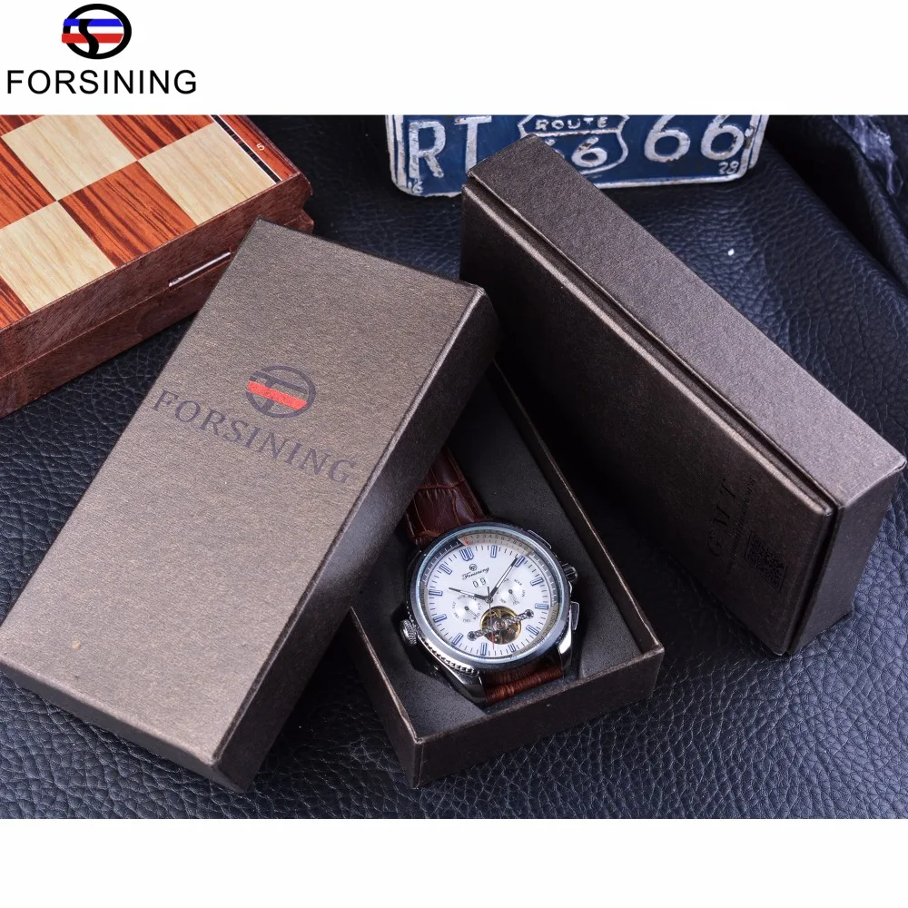 Forsining Navigator Series коричневые кожаные часы из турбийона с синим циферблатом и календарем, Мужские автоматические часы от ведущего бренда, роскошные часы