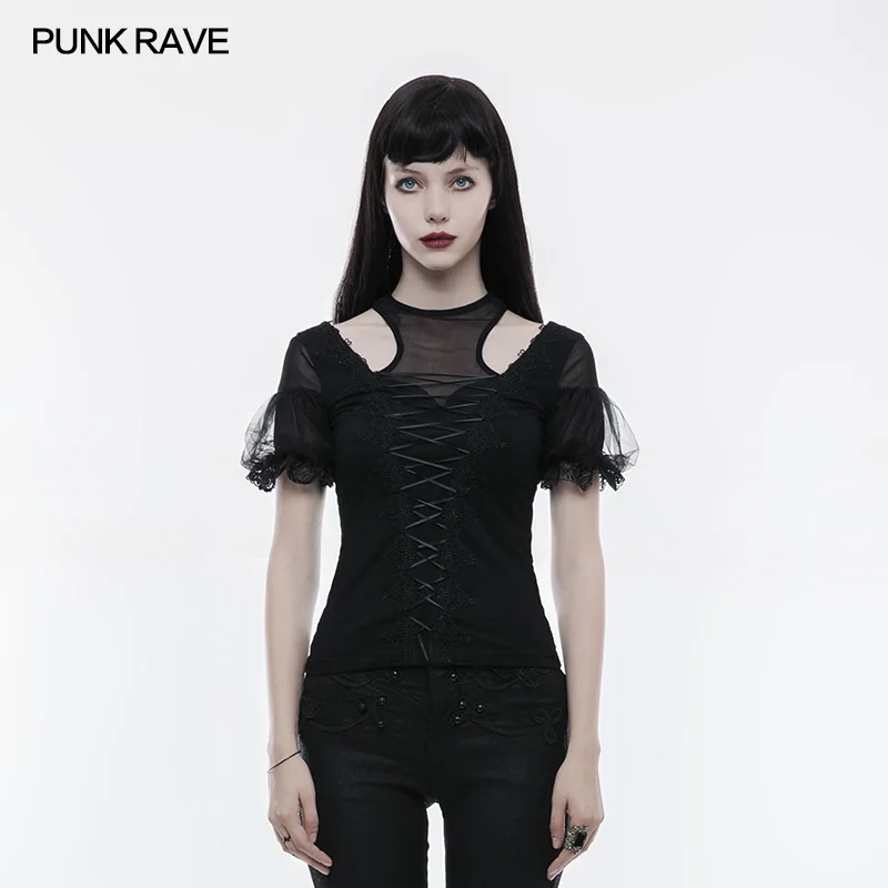 

Punk Rave Fashion Casual Cotton Lace Hollow Out Gothic Sexy Short Sleeve Lovely Women T-shirt Tops WT490