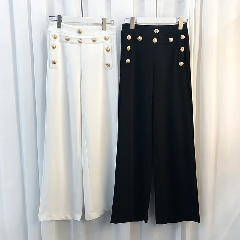 Pantalones de diseño pasarela de alta calidad a la moda 2017, pantalones de pierna sueltos con botones de de Metal de Color dorado para mujer - AliExpress Ropa de mujer
