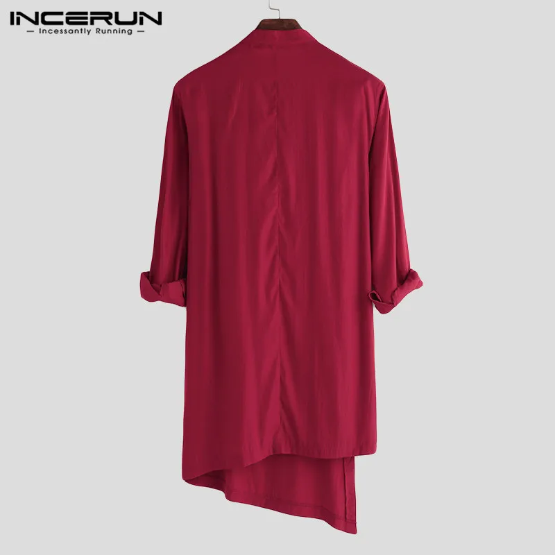 INCERUN, мужской индийский костюм, одноцветная рубашка на пуговицах, воротник-стойка, длинный рукав, винтажная мусульманская одежда, необычная длинная рубашка