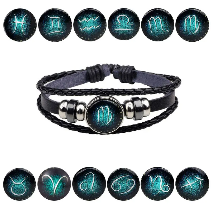 

Fashion 12 Constellations Leather Zodiac Sign with beads Bangle Bracelets For Men Boys Jewelry Travel Accessories Gifts