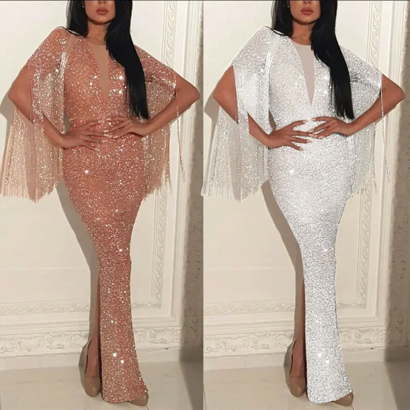 

Womens Deep V-neck Glitter Bodycon Split Long Maxi Dress Party Elegant Evening Formal Prom Gown Ball Gown Maxi Dress Long Dress