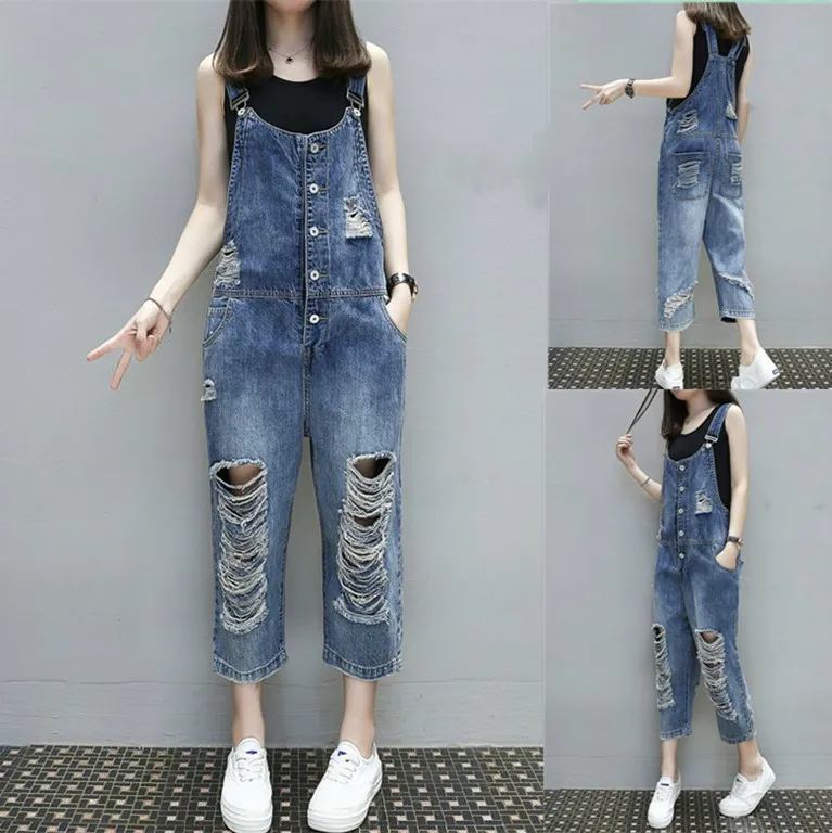 

New 2017 Summer Womens Denim Jumpsuits Overalls SexyJeans Casual Loose Hole Pocket Spring Wide Leg Pants Femme F291