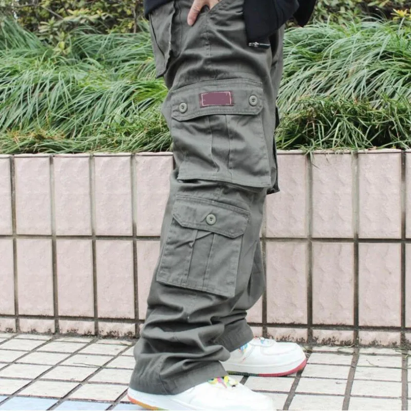  New Casual Big Pockets Cargo Pants Men Cotton Joggers Loose Baggy Hip Hop Pants black khaki and Arm