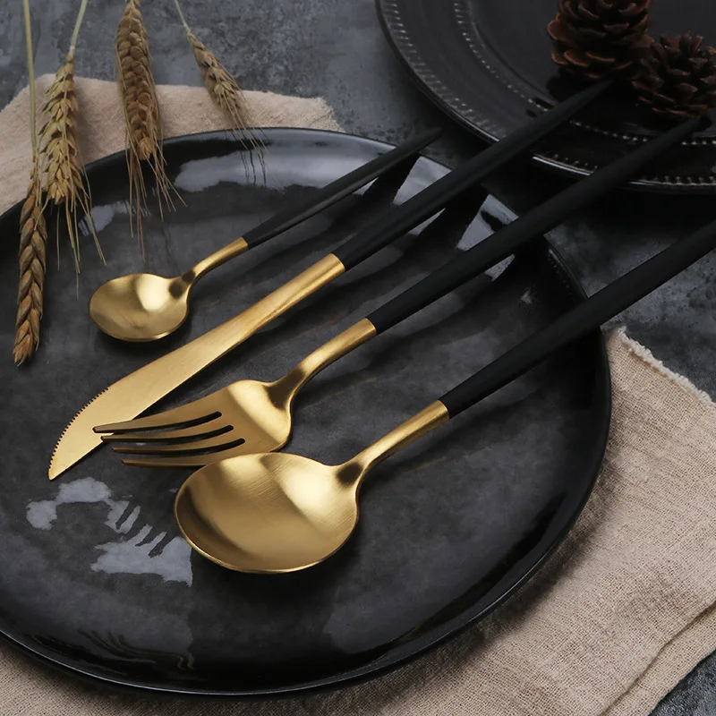 

Black Golden Tableware Cutlery Set Dinner Knife Fork Sets Stainless Steel Western Gold Dinnerware Set