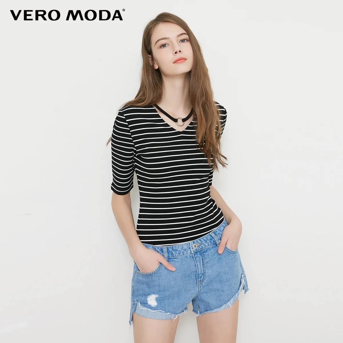 Vero Moda 2019 new neckline ring decorative stripe pattern half-sleeve sleeve T-shirt|3182T1513 Vero Moda 2019 new neckline ring decorative stripe pattern half-sleeve sleeve T-shirt|3182T1513