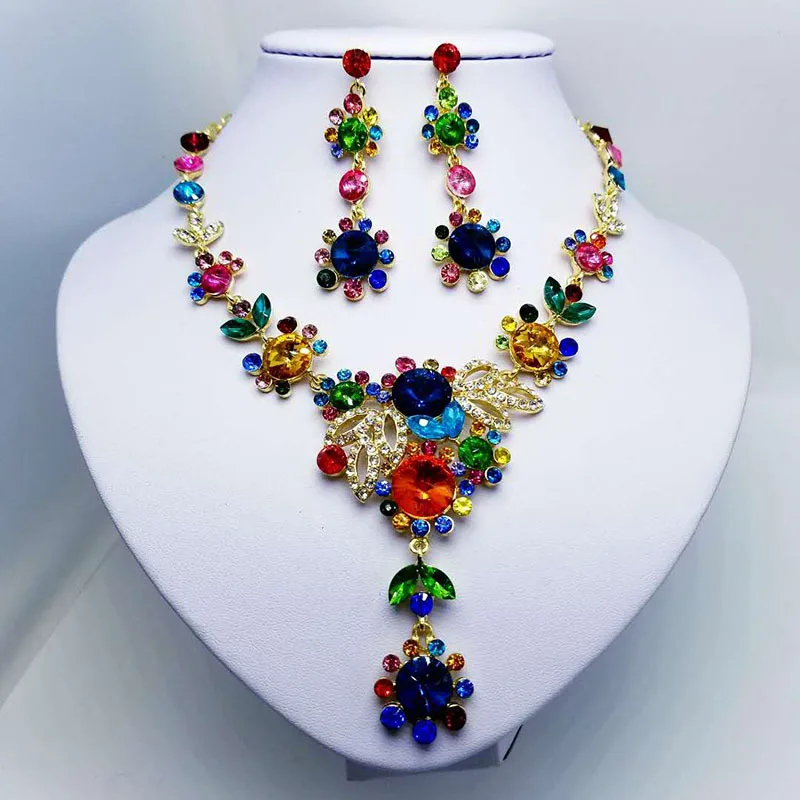 New Multicolor Crystal Flower Gold Necklace and Earrings Sets for Women 2018 Female Party Prom Bridal Wedding Jewelry Sets 