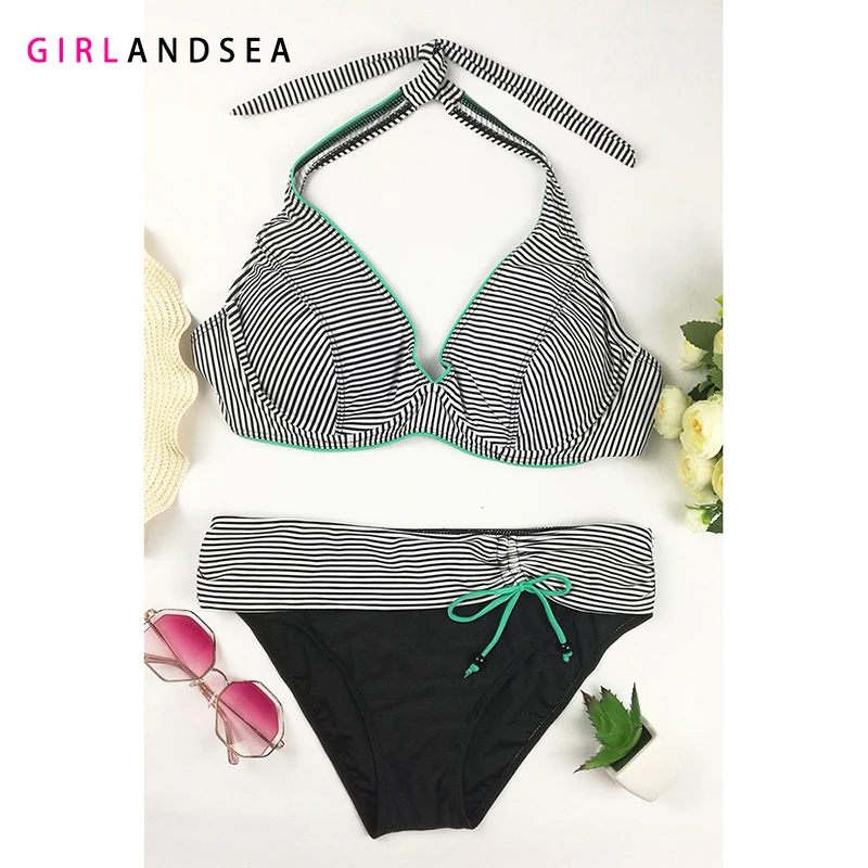 

GIRLANDSEA New 2019 Low-waisted Bikini Set Striped Swimsuit