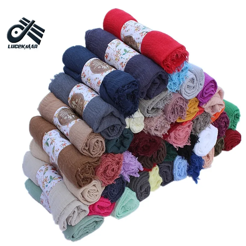 

LUCEKMAR Women Winter Scarf Luxury Brand Scarves For Ladies Bandana Crumple Shawl Muslim Hijab Fringe Cotton Foulard Solid Wrap