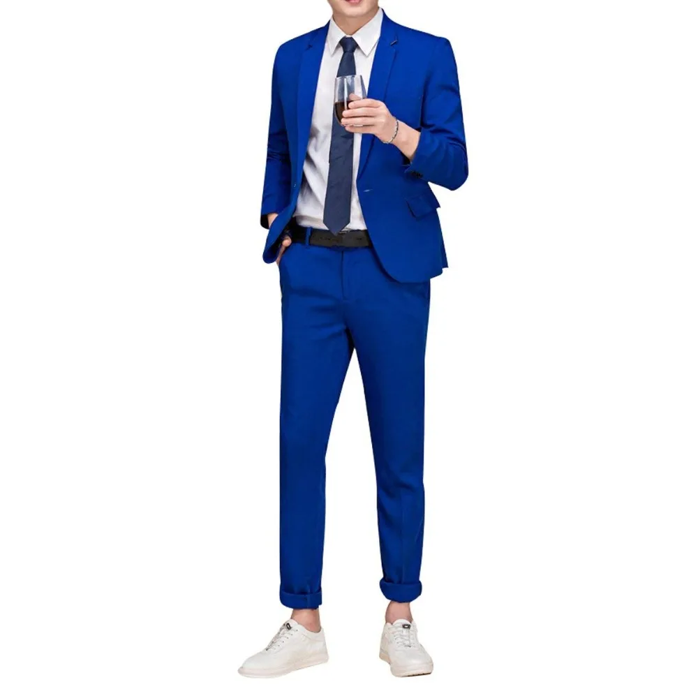 Mens suit Two Pieces Men Dress Royal blue/Grey/Burgundy/Navy Casual Commuter office business suits for wedding(Blazer+Pants+Tie)