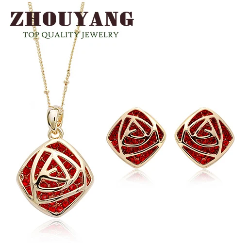 ZHOUYANG, высокое качество ZYS016, розовая любовь, розовое золото, розовое ювелирное изделие, ожерелье, серьги, набор, Сделано с австрийскими кристаллами
