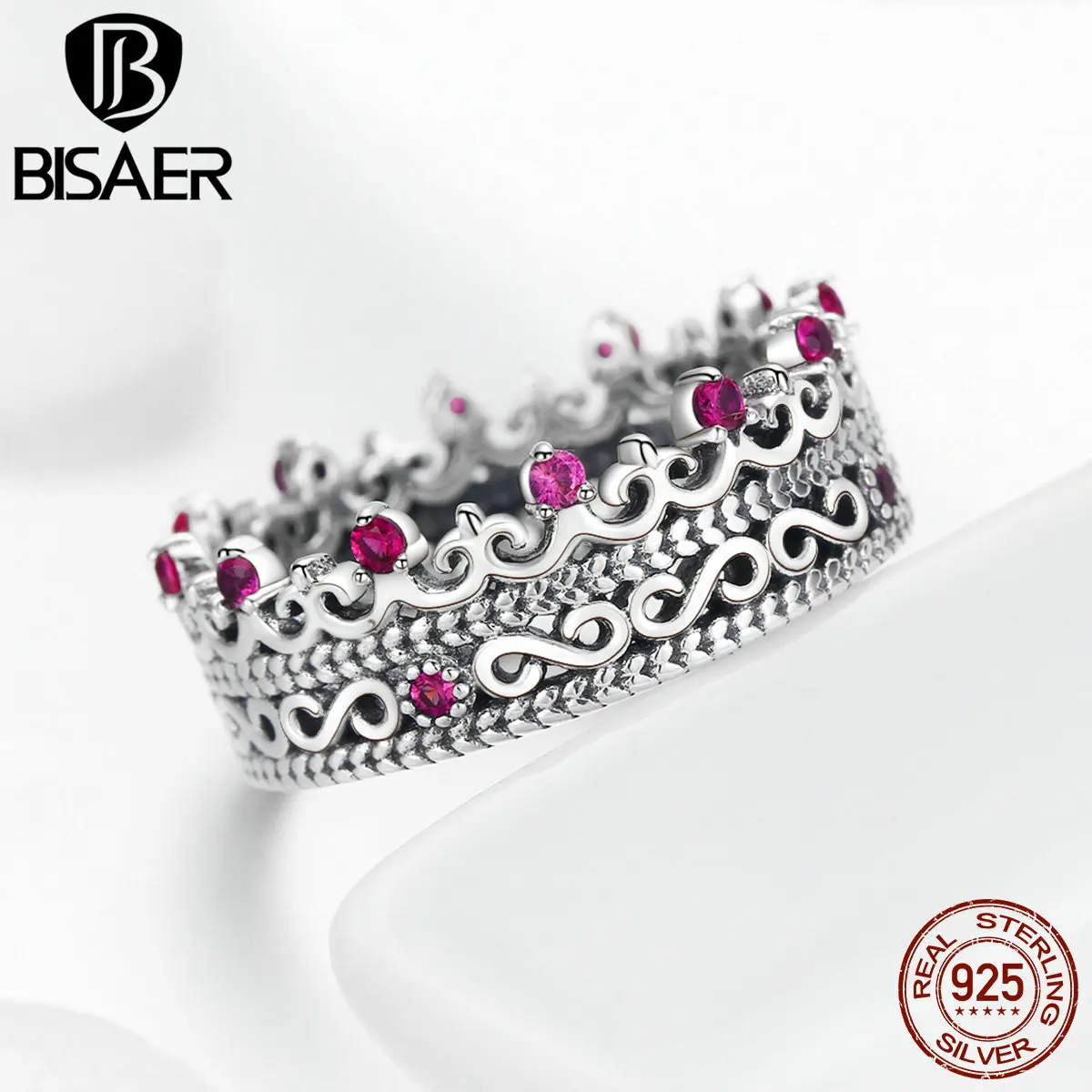 

BISAER Genuine 925 Sterling Silver Princess Queen Crown Rings for Women Laurel Crown Wedding Ring Jewelry ECR487