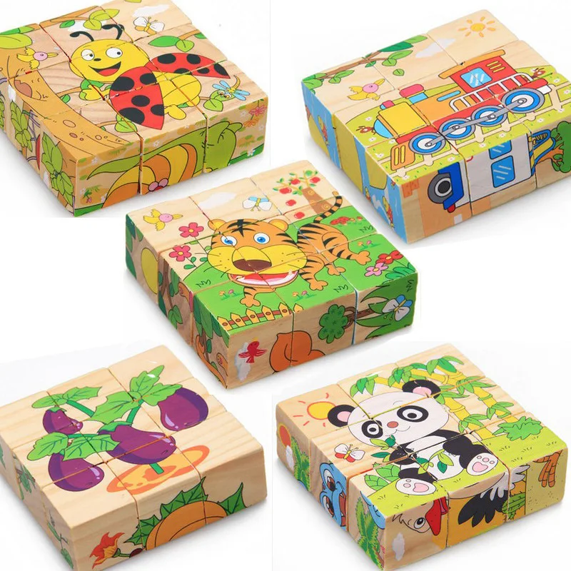 

9 PCS Cartoon 3D 6 in 1 Puzzle Kids Funny Toy Wooded Animal Plant Car Patterns Jigsaw Kindergarten Learning development Toy Gift