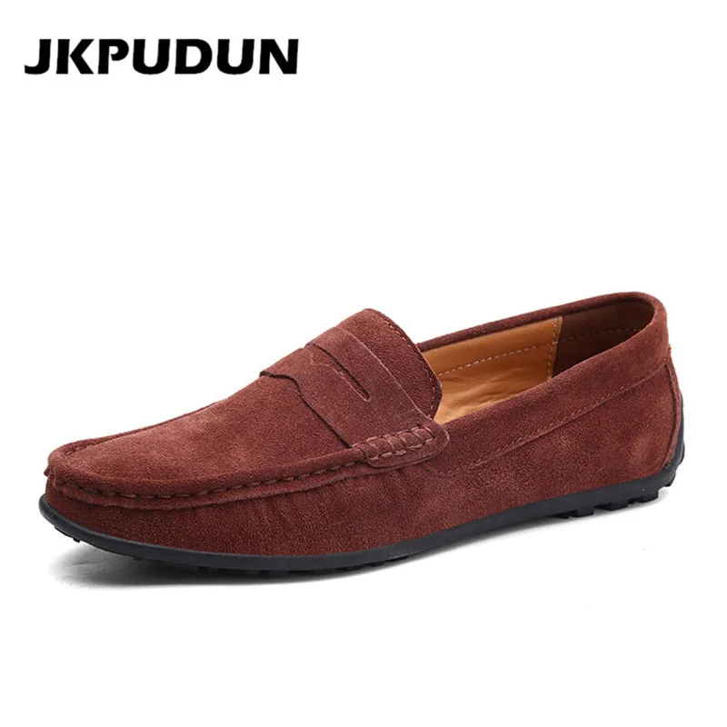

JKPUDUN Suede Leather Mens Casual Shoes Luxury Brand 2019 Men Loafers Fashion Driving Shoes Slipon Moccasins Men Plus Size Skor