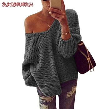 

RAISEVERN One Shoulder V Neck Sweaters Women 2018 Autumn Long Sleeve Tops Female Casual Jumper Winter Streetwear Sexy Clothing