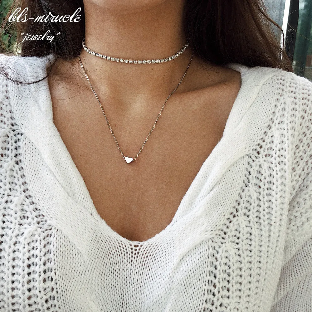 

bls-miracle punk fashion jewelry accessories Trendy Multi-layer crystal chain with heart shape Necklace gift for lover N569