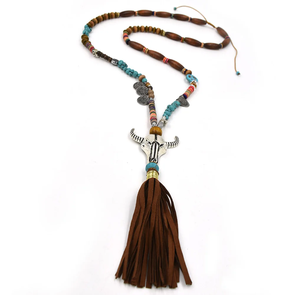 New Ethnic Tibet antique Silver Tauren pendant necklace beaded chain Cotton Tassel pendant long Necklace taurus pendant necklace