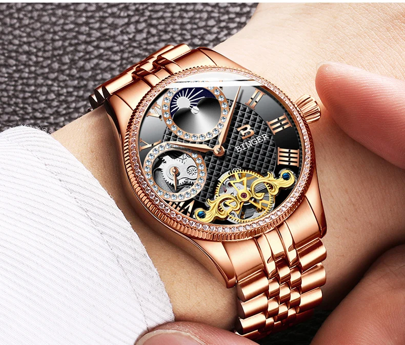 Новые механические мужские часы Бингер роль люксовый бренд Скелет наручные водонепроницаемые часы для мужчин бриллиантовый циферблат сапфир мужской reloj