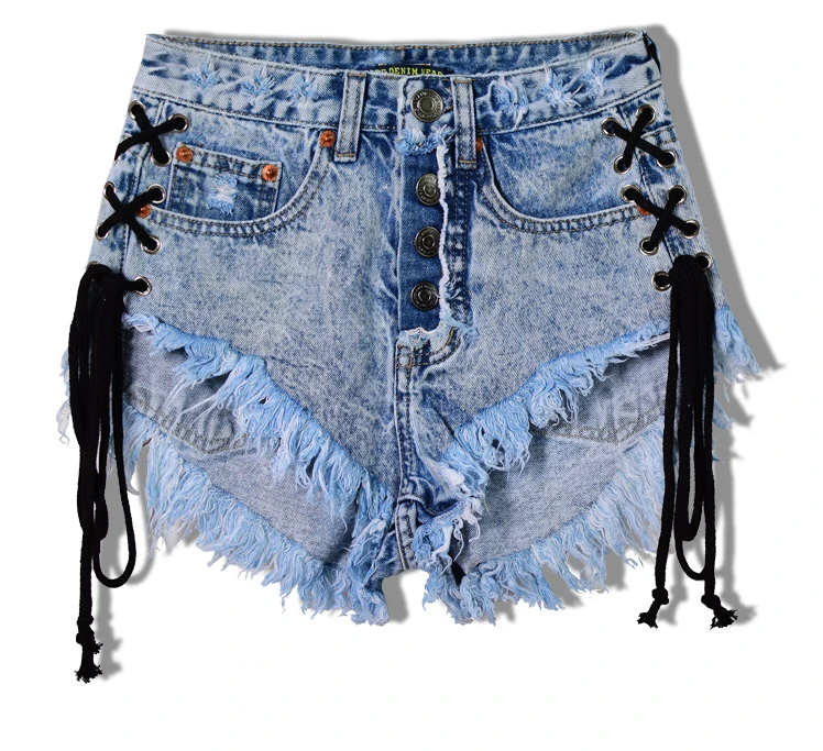 2017 Europe and the United States women's high waist open-style quilts Slim wear fringed snowflakes double banded ladies denim shorts (11)