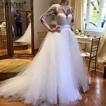 

Muslim Wedding Dresses Long Sleeves Applique Illusion Detachable Train Bridal Dress Mermaid Wedding Gown Vestido de noiva