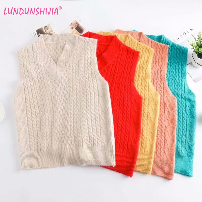 

LUNDUNSHIJIA Women Knitting Vests 2019 New Arrival Spring Autumn V-Neck Sleeveless Sweaters Vest 5 Colors