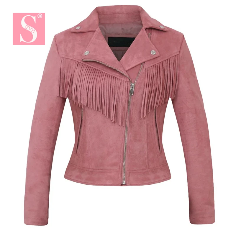 

STVY 2018 Autumn Winter Women High Quality Suede Leather Jacket Fashion Ladies Tassel Coat Jacket Pink Faux Leather Jacket