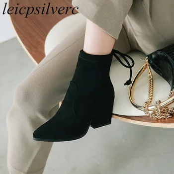 

Women's Boots Super High Heel Warm Flock Lace Up Pointed Toe Ankle Stretch Boots Basic Thick Heel 2018 New Sexy Fashion Black
