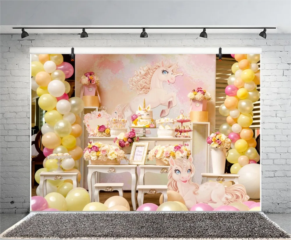 Laeacco Colorful Balloons Flowers Unicorn Cake Baby Photography Backgrounds Customized Photographic Backdrops For Photo Studio