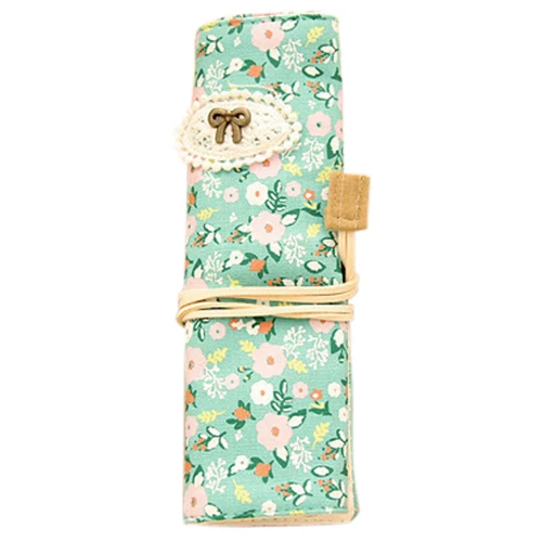

Student Stationery Canvas Roll Up Pencil Case Pen Brush Wrap Makeup Cosmetic Bag Pattern:13. Green Flower Pouch