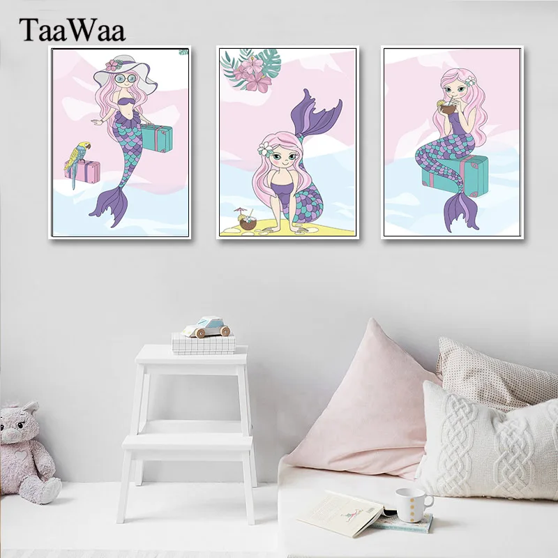 

TAAWAA Cartoon Mermaid Animal Canvas Wall Art Nursery Painting Poster and Print Nordic Decorative Picture For Kids Room Decor