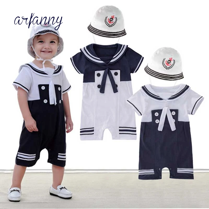 

Baby Boy Clothes 0-1 Infant Navy Wind onesies Style Romper + Hat Summer Girls babies Splice Climbing Suit Kid's Wear