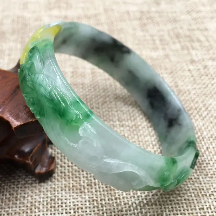 

A-177 Beautiful Hand-carved Emerald Green Jadeite Jade Gems Bracelet Bangle 61mm