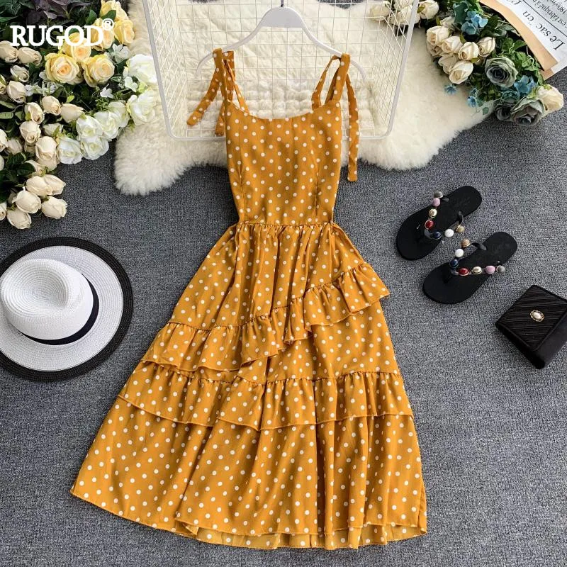 RUGOD Women Polka Dot Print Ruffle Dress 2019 Summer Spaghetti Strap Irregular Midi Preppy Style Korean Lady Vestido | Женская одежда