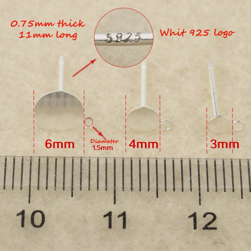 10 шт. 3/4/6 мм 925 пробы серебро основа под сережки-гвоздики для бижутерии, материал для рукоделия круглые пустые для серег с защитой от повреждений и кольцом настройки выводов