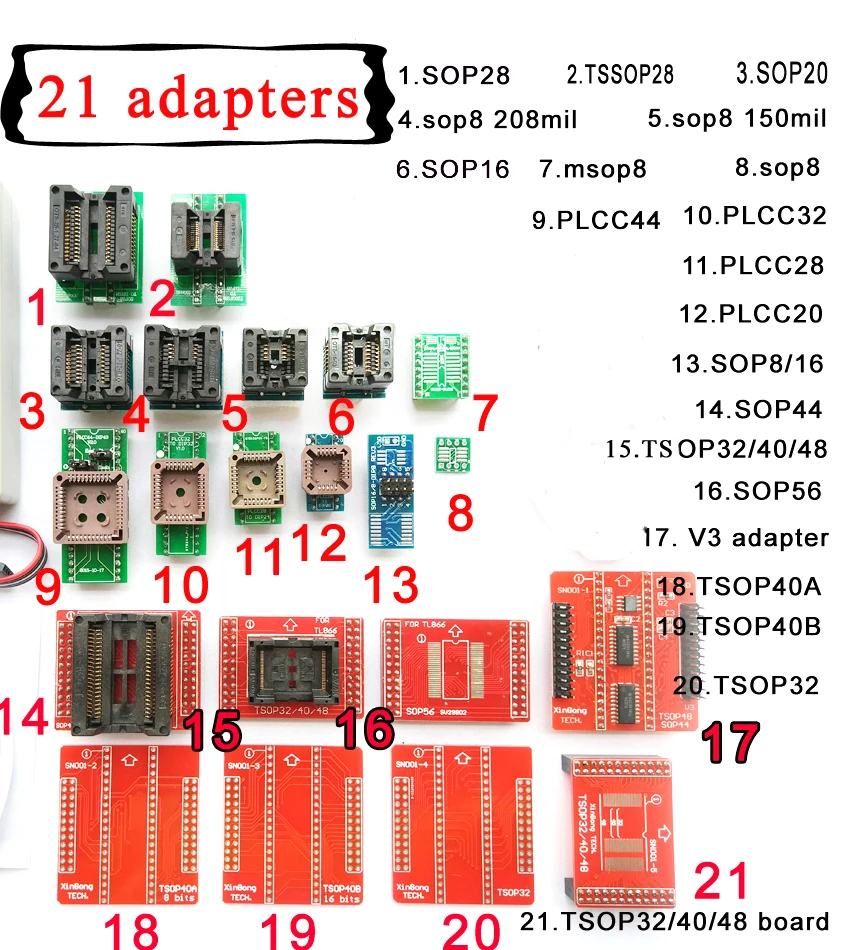 

21 pcs Universal adapters kits for programmer for TL866A TL866cs adapter