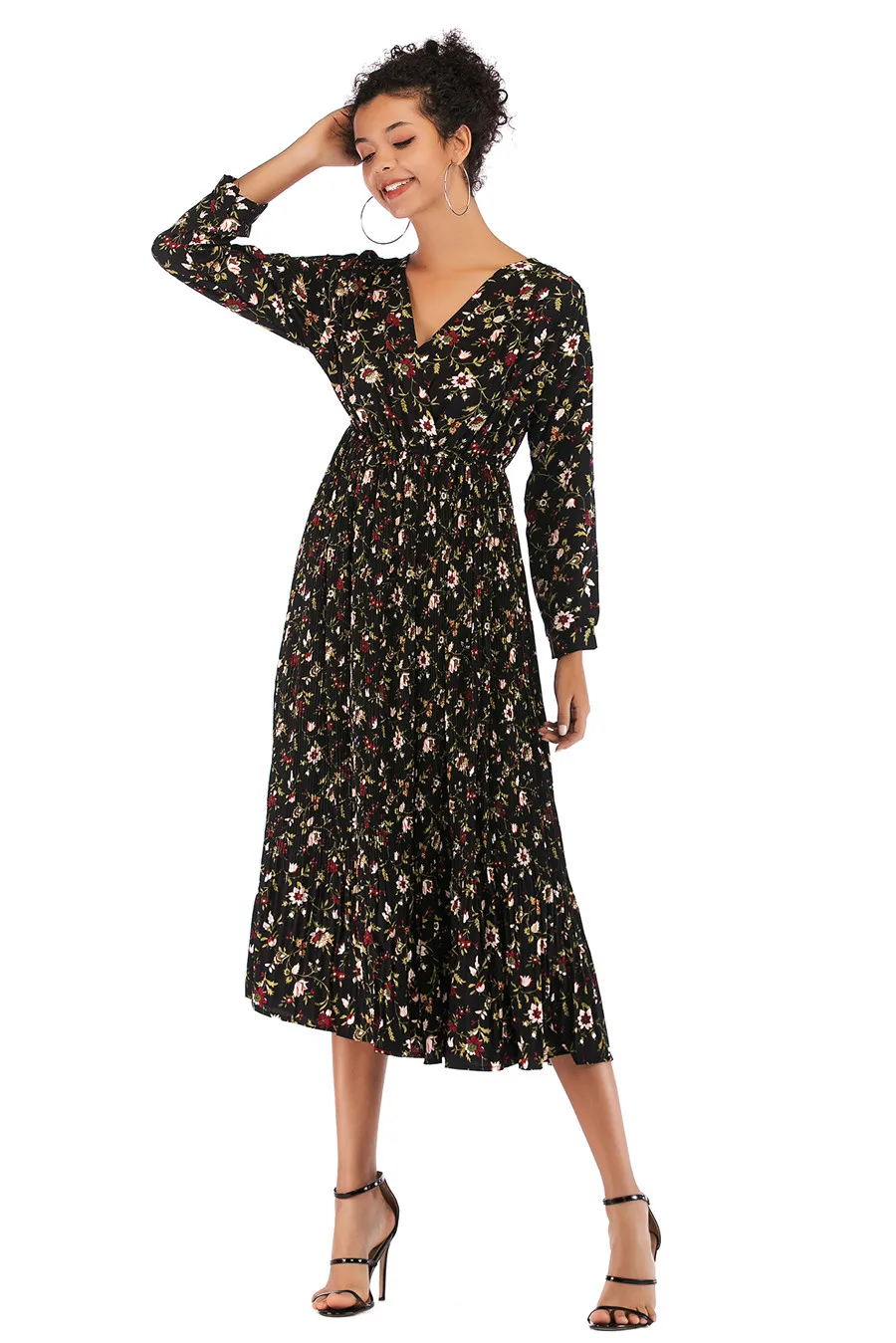 Gladiolus Hot 2018 Autumn Dress Women Long Sleeve V-Neck Sexy Floral Print Tunic Loose Midi Chiffon Dress Women Beach Sundress (21)