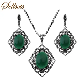 

Sellsets New Vintage Round Green Resin Pendant And Earrings Jewelry Sets Rhinestone Wedding Party Jewellery For Fashion Women