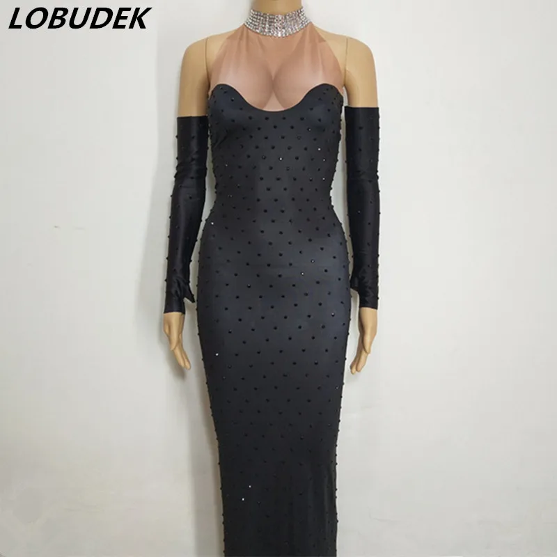 Negro completo diamantes de imitación del paquete de la cadera vestido fiesta de una pieza vestido de discoteca DJ cantante anfitrión rendimiento traje - 1