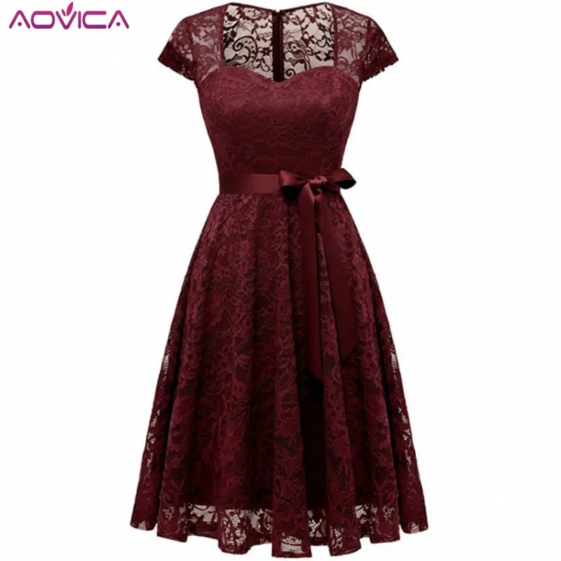 Aovica Robe Femme, винтажное кружевное платье с вышивкой, женские платья с коротким рукавом, повседневное вечернее ТРАПЕЦИЕВИДНОЕ ПЛАТЬЕ большого размера Vestidos