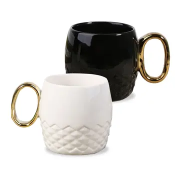 

380ml Checked Patterned Coffee Mug Ceramic Milk Cup with Gold Plated Handle Office Tea Water Cup Creative Couple Black/White Mug