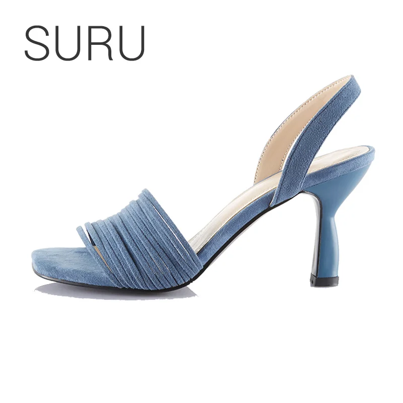 

SURU 8cm Blue Square Toe Strap Sandals Women Slingbacks High Heel Sandals